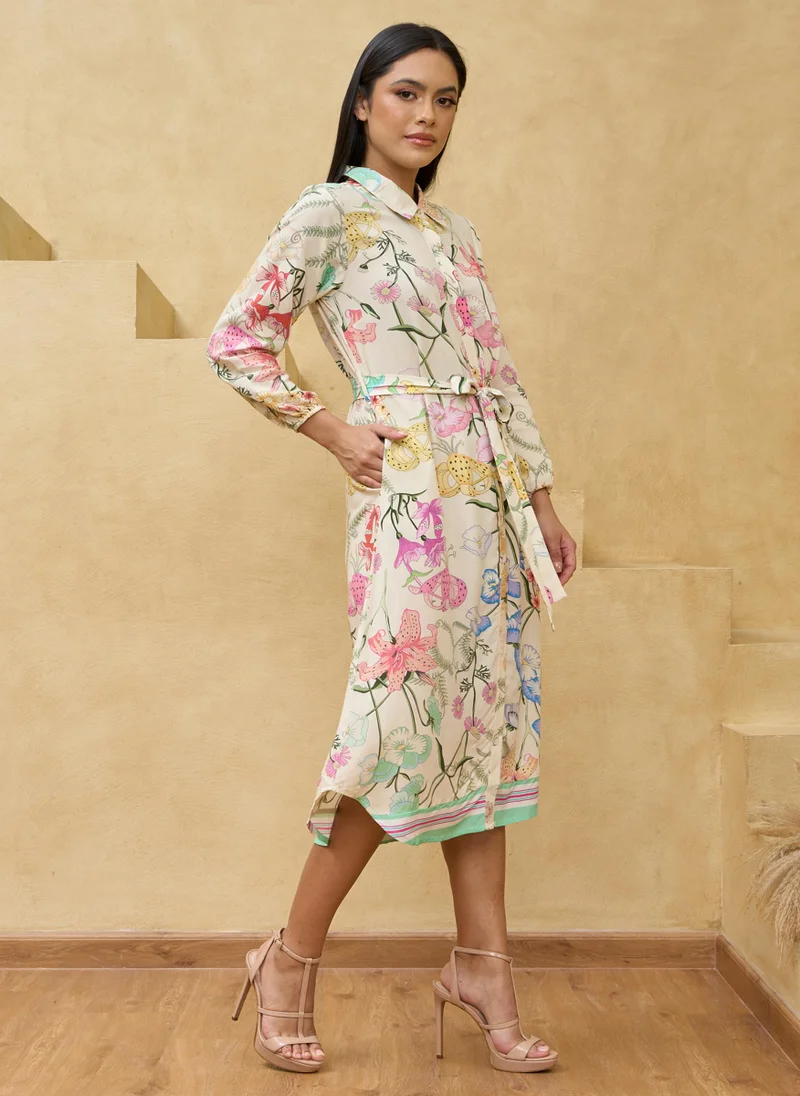 كوتور لابس Multicolored Printed Shirt Belted Dress