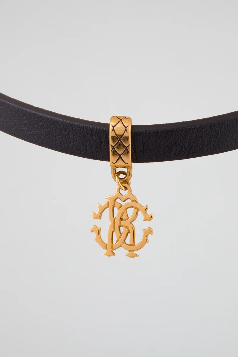 roberto cavalli Roberto Cavalli Black Leather Choker with Gold-Tone Logo Charm