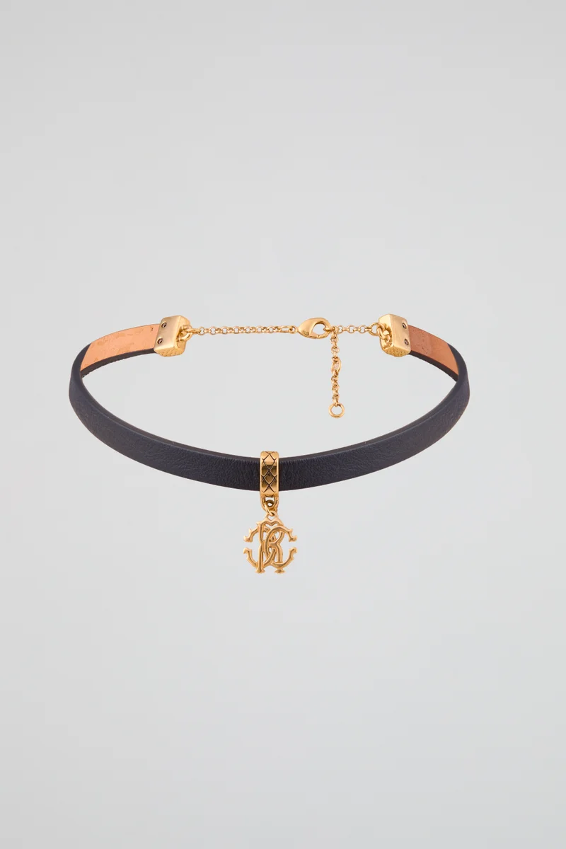 roberto cavalli Roberto Cavalli Black Leather Choker with Gold-Tone Logo Charm