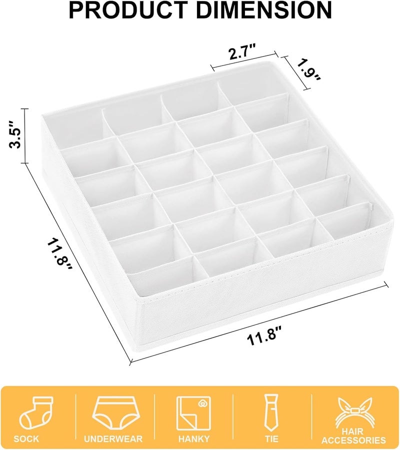 Easortm Sock Organizer 4 Pack, 24 Cell Foldable Underwear & Sock Storage, Drawer Organizer for Ties, Belts. (White) - Image 2