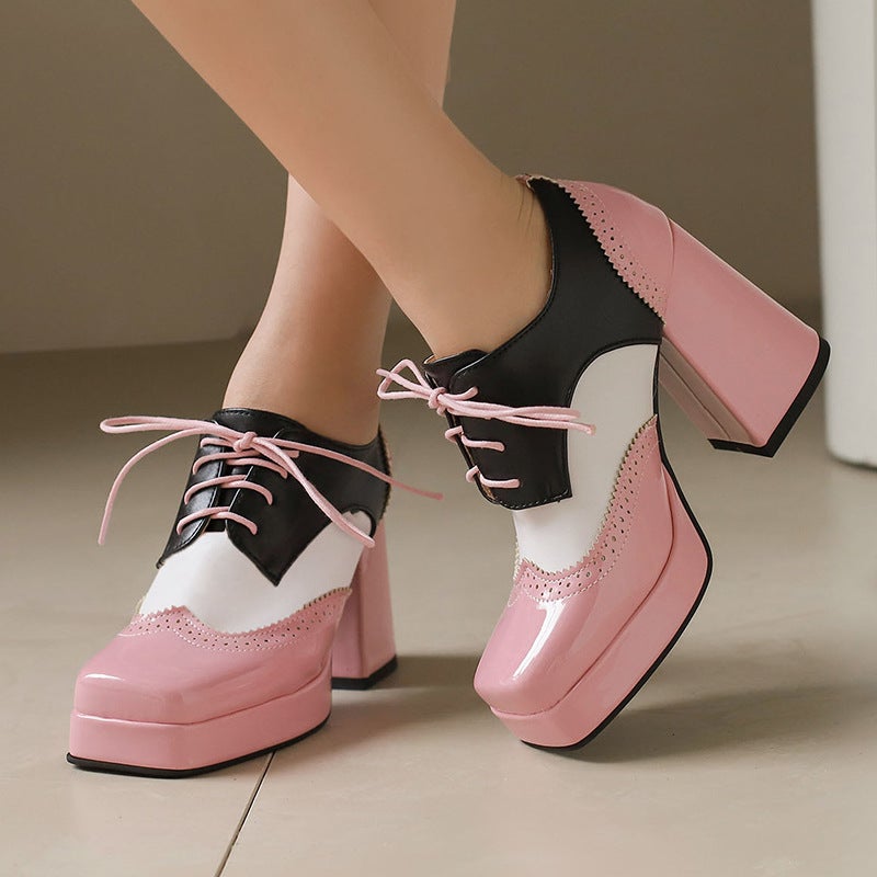 Independent Station Section Spring 2024 Thick Bottom Burned Flower High-Heeled Thick Bottom 33-48 Size Front Lace-Up Shoes - Image 3