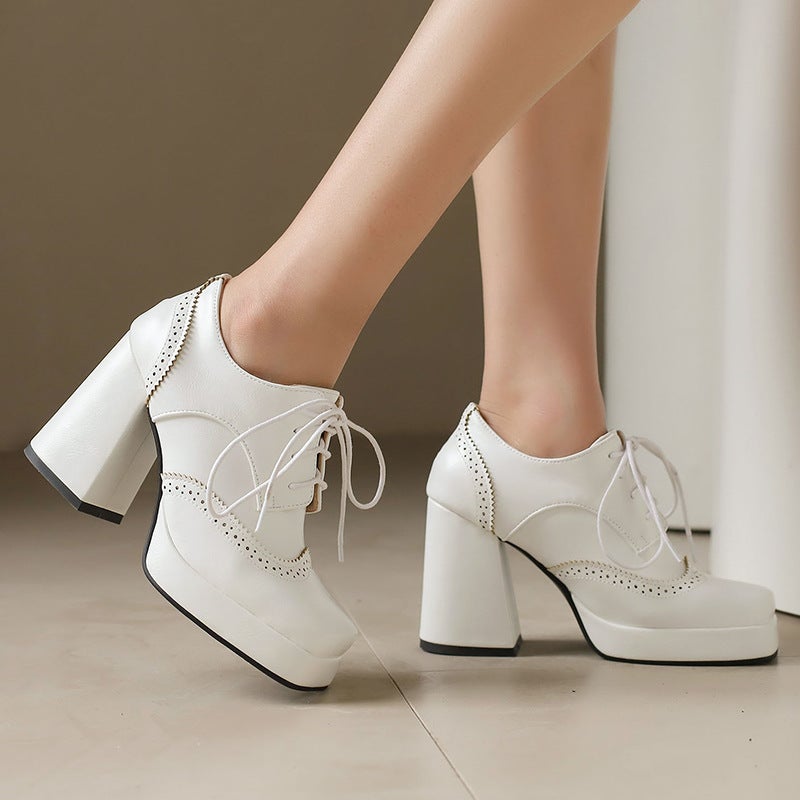 Independent Station Section Spring 2024 Thick Bottom Burned Flower High-Heeled Thick Bottom 33-48 Size Front Lace-Up Shoes - Image 4