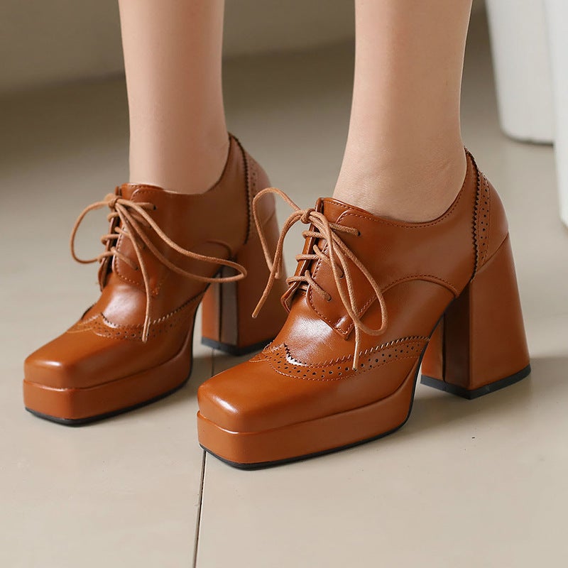 Independent Station Section Spring 2024 Thick Bottom Burned Flower High-Heeled Thick Bottom 33-48 Size Front Lace-Up Shoes - Image 2