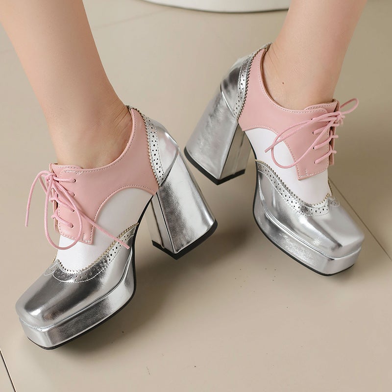 Independent Station Section Spring 2024 Thick Bottom Burned Flower High-Heeled Thick Bottom 33-48 Size Front Lace-Up Shoes - Image 5