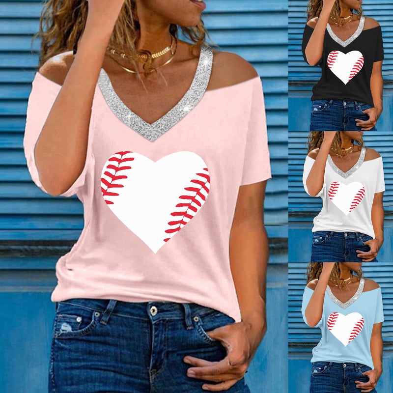 wish women's love floral print sequined V-neck off-shoulder short sleeve casual T-shirt - Image 2
