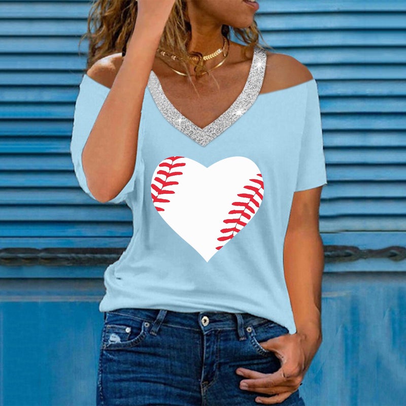 wish women's love floral print sequined V-neck off-shoulder short sleeve casual T-shirt - Image 1