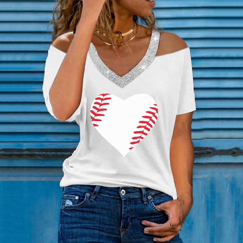wish women's love floral print sequined V-neck off-shoulder short sleeve casual T-shirt - Image 3