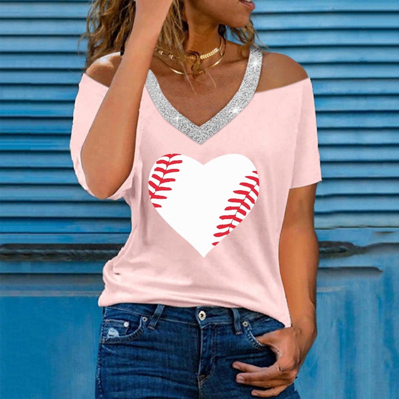 wish women's love floral print sequined V-neck off-shoulder short sleeve casual T-shirt - Image 5