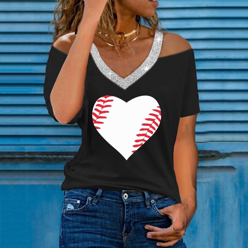 wish women's love floral print sequined V-neck off-shoulder short sleeve casual T-shirt - Image 4