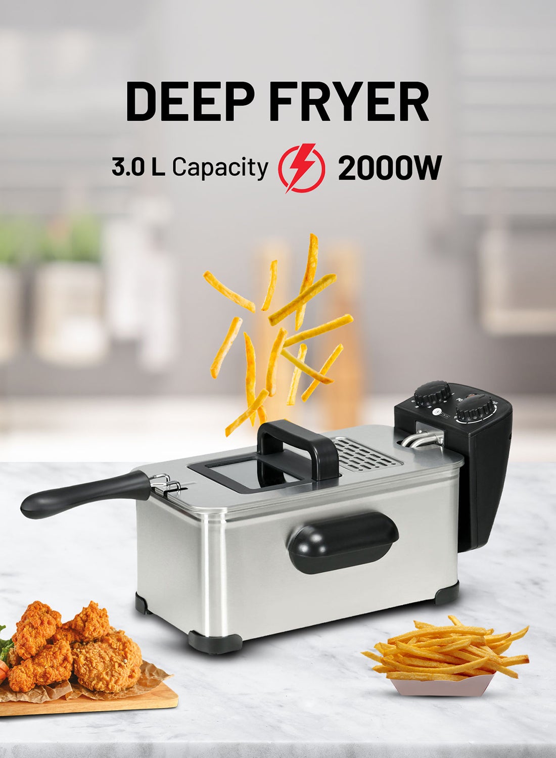 Deep Fryer 3L Stainless Steel Housing|Easy Clean Enamel Inner Pot|Temperature Control|Auto Shut-Off With Viewing Window | 2 Years Warranty 3 L 2000 W AF-2000DFSS Black