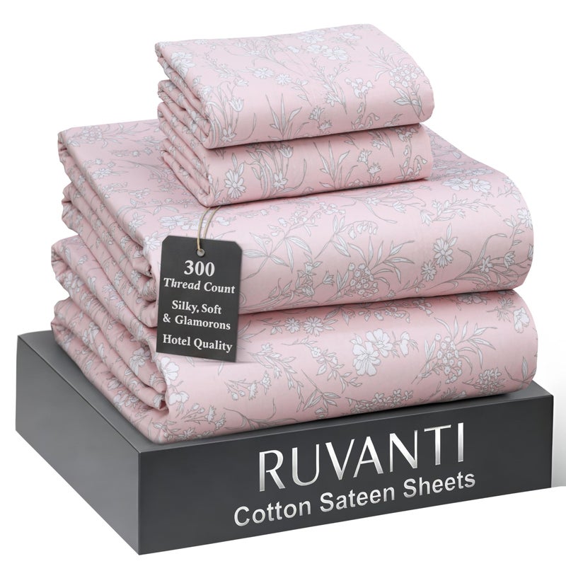 RUVANTI 100% Cotton Sheets Full Size Bed Set - 300 Thread Count Silky Soft Sateen Weave, Cooling, Lightweight & Breathable, 16" Deep Pocket, Durable & Luxury Satin-Like, 4 Piece, Pink Fusion - Image 1