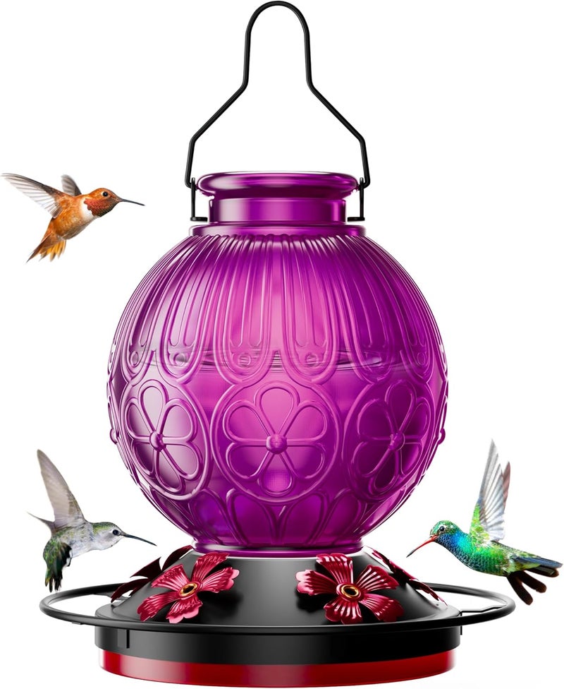 علف الطيور من نوع “Hummingbird” بسعة 26 أونصة للاستخدام في الهواء الطلق، علف طيور من الزجاج العتيق مزود بمكان للجلوس للطيور، متين وسهل التنظيف، علف معلق للرحيق مناسب للحدائق والأراضي الخلفية والتراسات – هدية لعشاق الطيور (لون بنفسجي) - Image 1