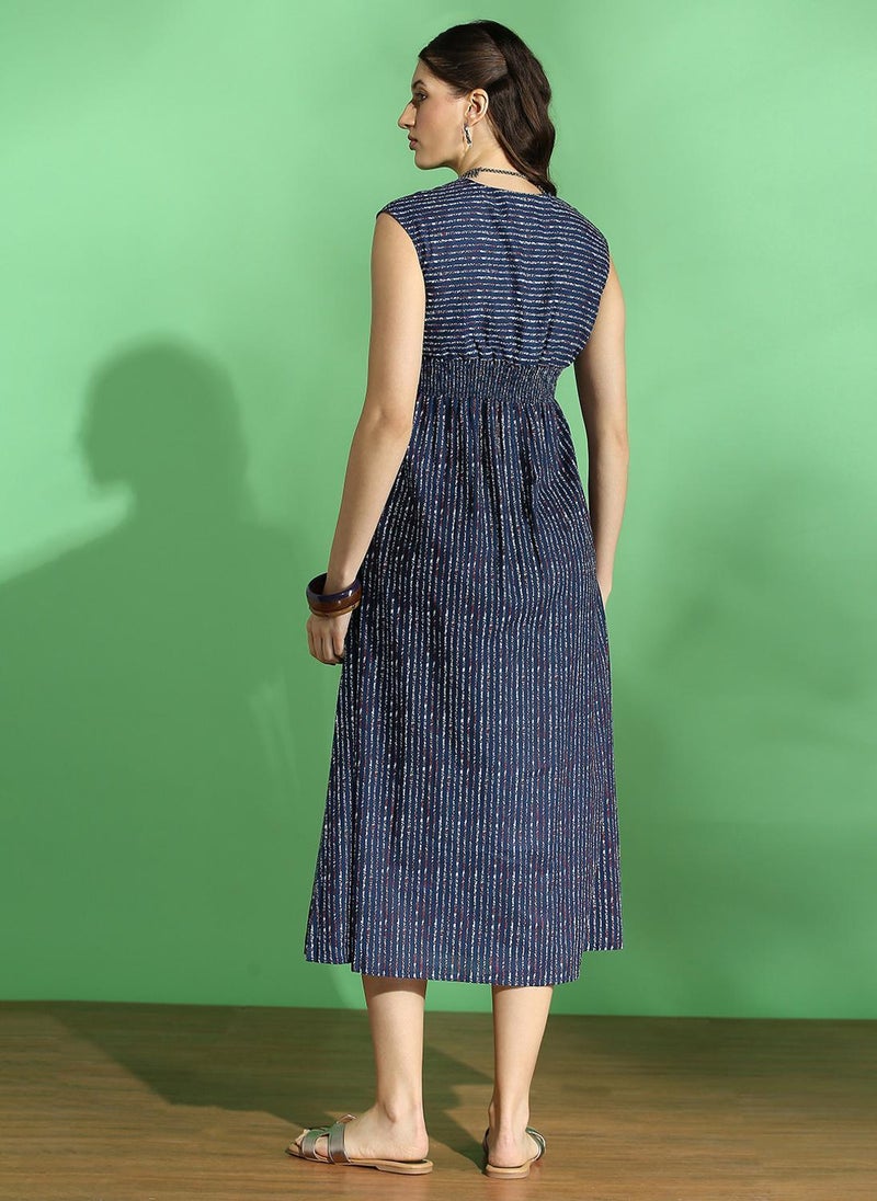 Globus Women's Navy Blue Striped Tiwsted Detail Ethnic Dress with V Neck and Sleeveless Design - Image 4