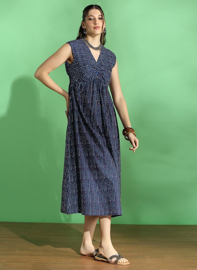 Globus Women's Navy Blue Striped Tiwsted Detail Ethnic Dress with V Neck and Sleeveless Design - Image 3