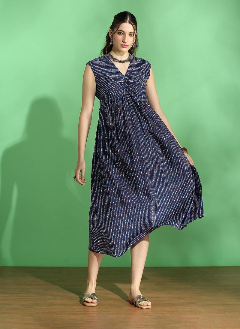 Globus Women's Navy Blue Striped Tiwsted Detail Ethnic Dress with V Neck and Sleeveless Design - Image 1