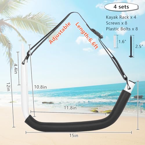 DEDU Kayak Storage Rack, Kayak Wall Mount Hangers 4 Pack, Paddle Board Holder Wall Mount Kayak Storage Hooks 15 Inch with Lashing Straps for Hanging Canoe Surfboard Snowboard Ladders Bikes (White) - Image 2