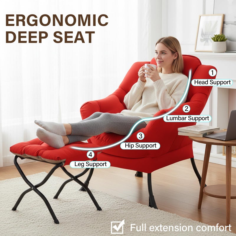 Welnow Lazy Chair with Ottoman, Modern Lounge Accent Chair with Armrests and a Side Pocket, Leisure Sofa Armchair Set, Reading Armchair with Footrest for Small Space, Red - Image 4