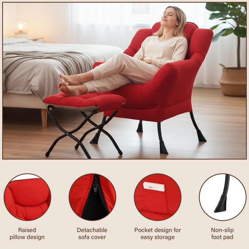 Welnow Lazy Chair with Ottoman, Modern Lounge Accent Chair with Armrests and a Side Pocket, Leisure Sofa Armchair Set, Reading Armchair with Footrest for Small Space, Red - Image 3
