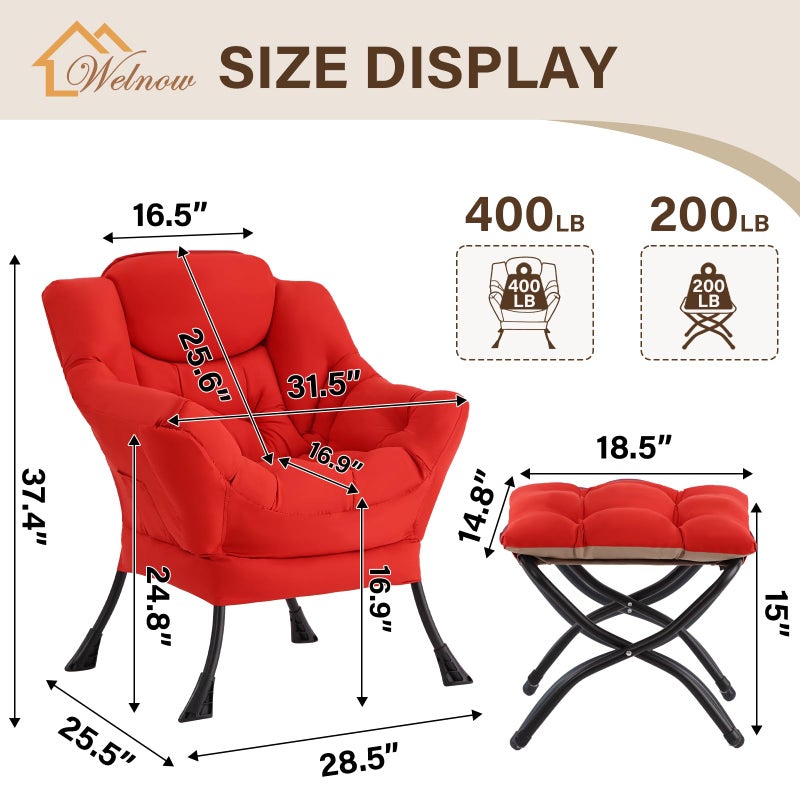 Welnow Lazy Chair with Ottoman, Modern Lounge Accent Chair with Armrests and a Side Pocket, Leisure Sofa Armchair Set, Reading Armchair with Footrest for Small Space, Red - Image 2