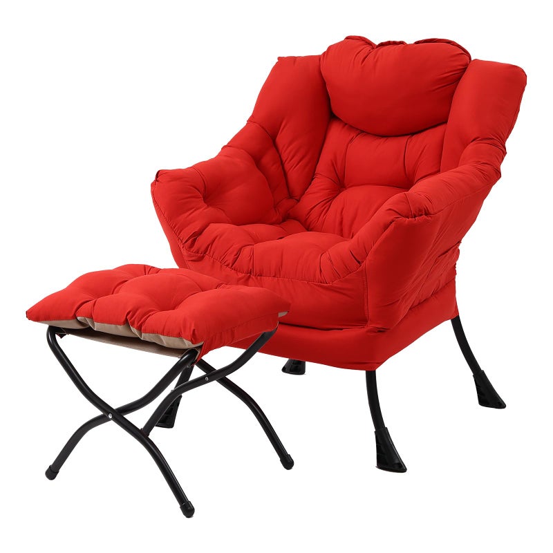 Welnow Lazy Chair with Ottoman, Modern Lounge Accent Chair with Armrests and a Side Pocket, Leisure Sofa Armchair Set, Reading Armchair with Footrest for Small Space, Red - Image 1