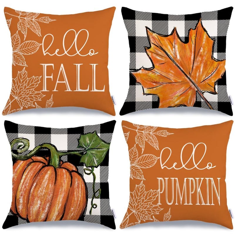 GEEORY Fall Pillow Covers 18x18 Set of 4 Buffalo Plaid Pumpkin and Maple Leaves Autumn Decorative Throw Pillows Farmhouse Decor Thanksgiving Decorations Cushion Case for Sofa