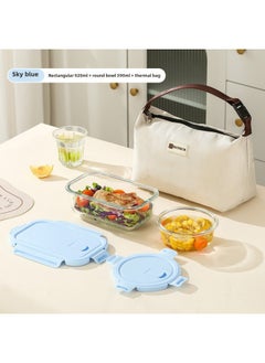 Long Glass Fresh-keeping Bowl Microwave Heatable Glass Bowl For Office Students With Meal Separated Lunch Box Lunch Box-Specifications:Rectangular Non-divided 900ml + Round 390ml + Thermal Bag - Sky Blue