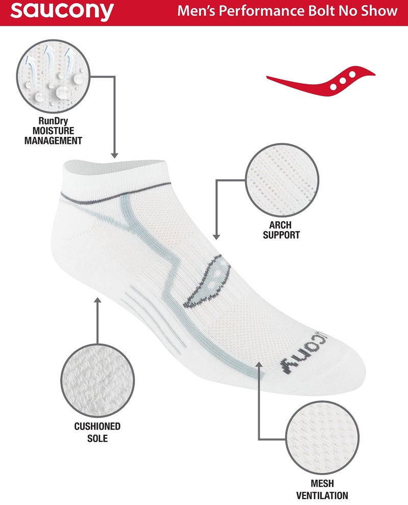 Saucony Men's Multi-Pack Bolt Performance Comfort Fit No-Show Socks, White (6 Pairs), Shoe Size: 13-15 - Image 2