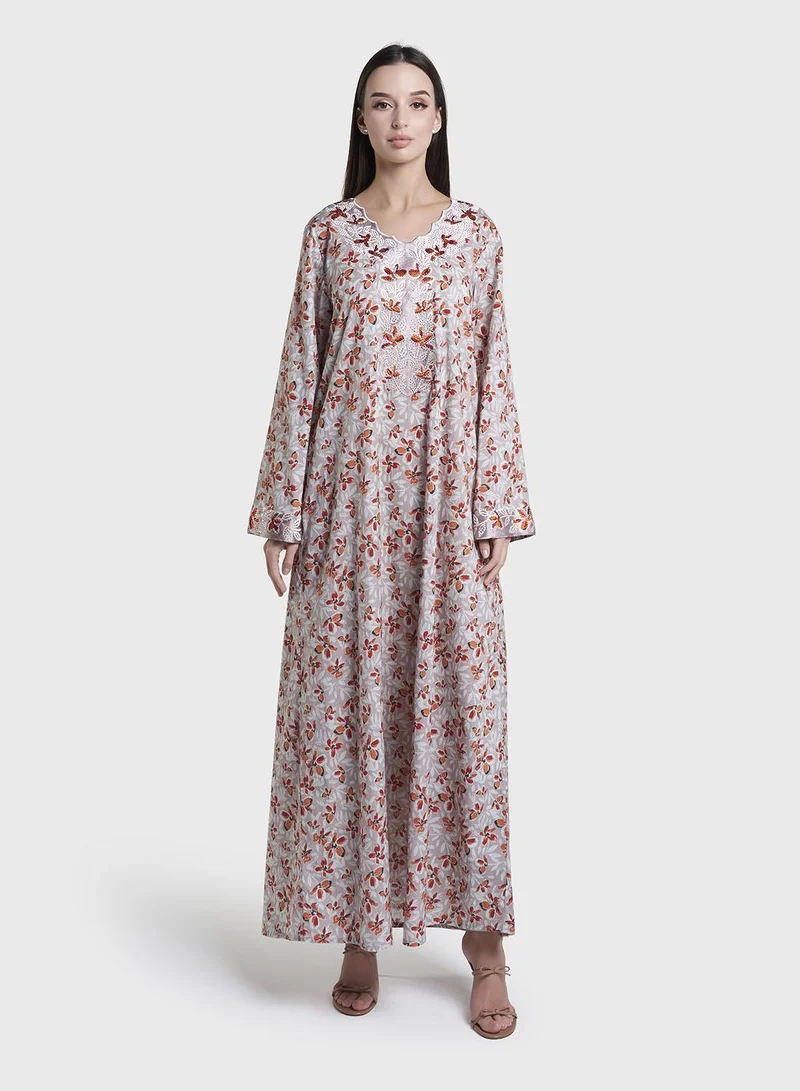 كشخة Mauve Floral Print Cotton Mukhawar Jalabiya (VG3061)