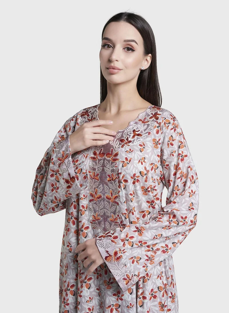 كشخة Mauve Floral Print Cotton Mukhawar Jalabiya (VG3061)