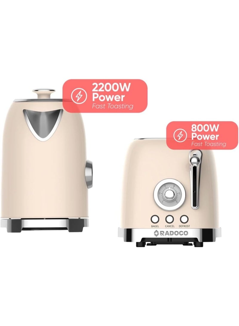 Radoco Retro Breakfast Set, Kettle 1.7L, 2-Slice Toaster, Espresso Machine, Blender, Stainless Steel, Glossy Cream - Image 2