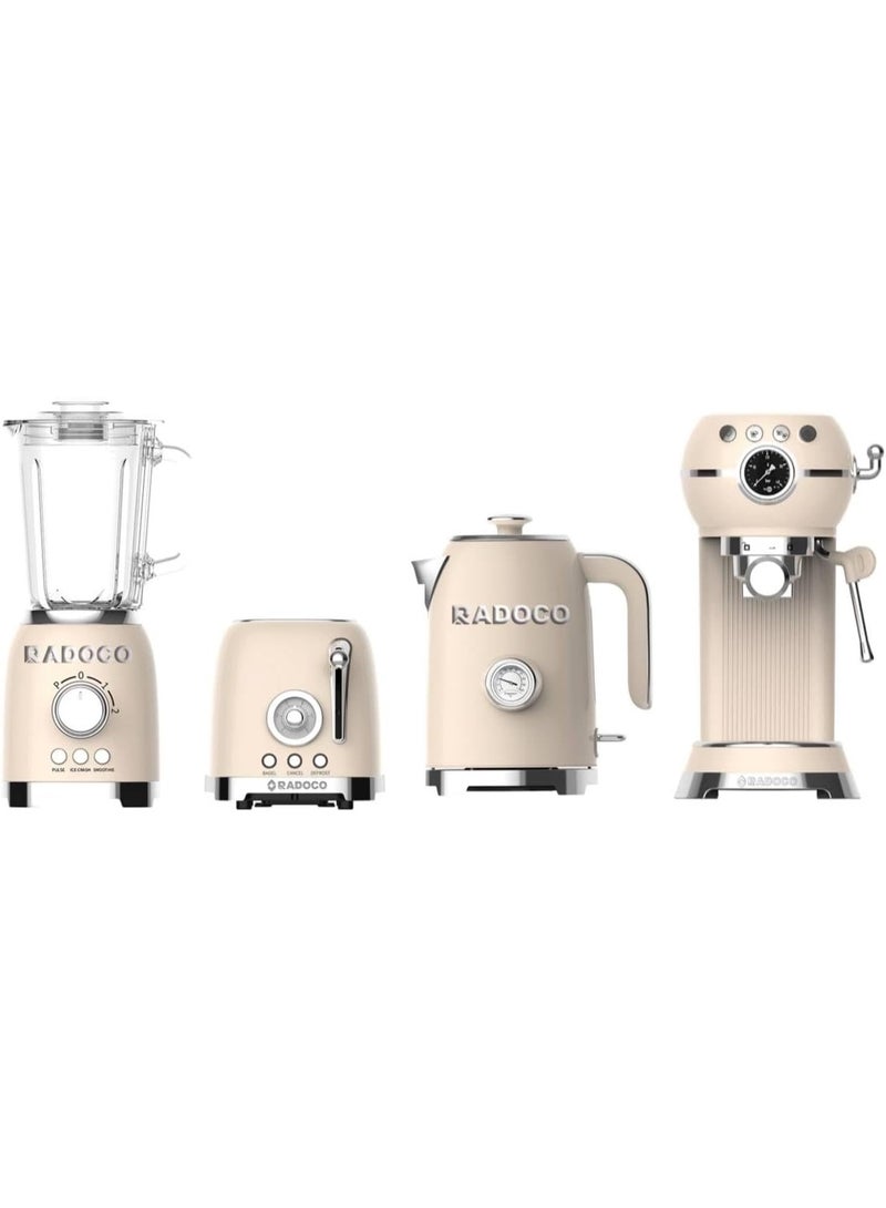 Radoco Retro Breakfast Set, Kettle 1.7L, 2-Slice Toaster, Espresso Machine, Blender, Stainless Steel, Glossy Cream - Image 1