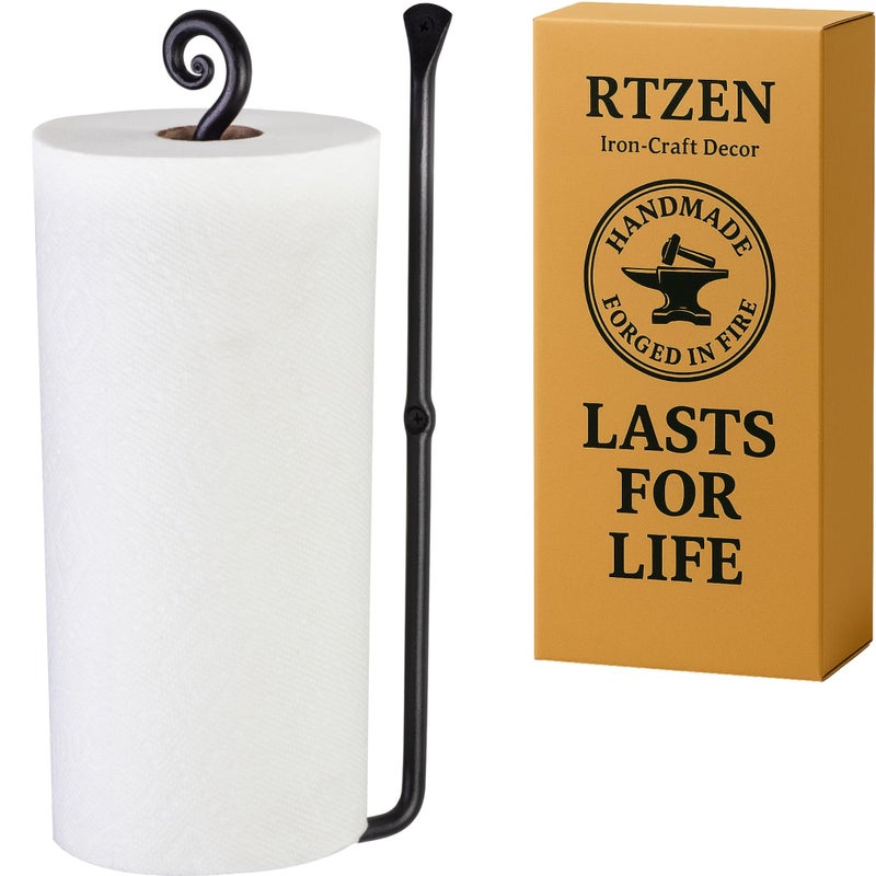 RTZEN Vertical Black Paper Towel Holder - Handcrafted Rustic Metal Decorative Wrought Iron Decor - Farmhouse Wall Mount Paper Towel Holder for Kitchen or Bathroom - Image 1