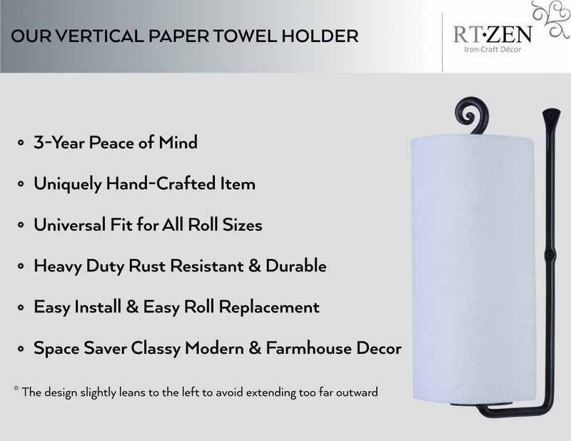 RTZEN Vertical Black Paper Towel Holder - Handcrafted Rustic Metal Decorative Wrought Iron Decor - Farmhouse Wall Mount Paper Towel Holder for Kitchen or Bathroom - Image 2