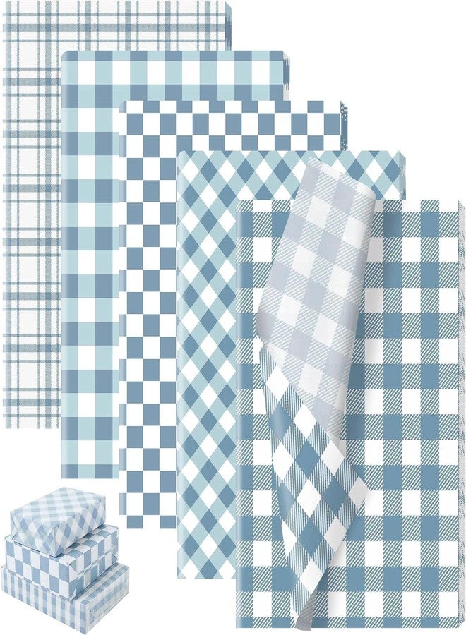 Fabllewavi 100 Sheets Dusty Blue Buffalo Plaids Tissue Paper, 5 Styles Slate Blue Lattice Patterns Wrapping Paper for Spring DIY Crafts Birthday Baby Shower Party Supplies, 13.8 x 19.7 Inch - Image 1