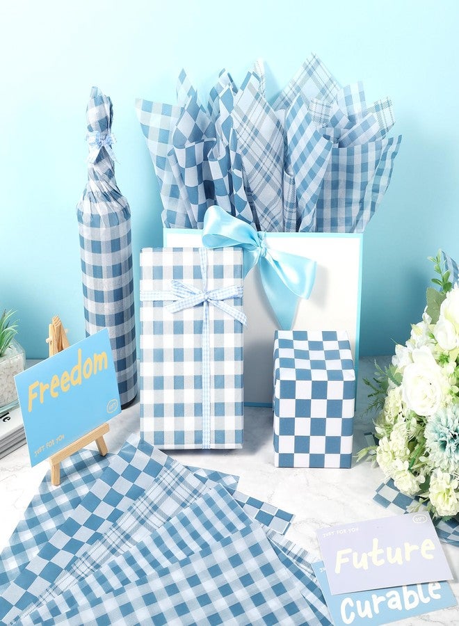 Fabllewavi 100 Sheets Dusty Blue Buffalo Plaids Tissue Paper, 5 Styles Slate Blue Lattice Patterns Wrapping Paper for Spring DIY Crafts Birthday Baby Shower Party Supplies, 13.8 x 19.7 Inch - Image 3