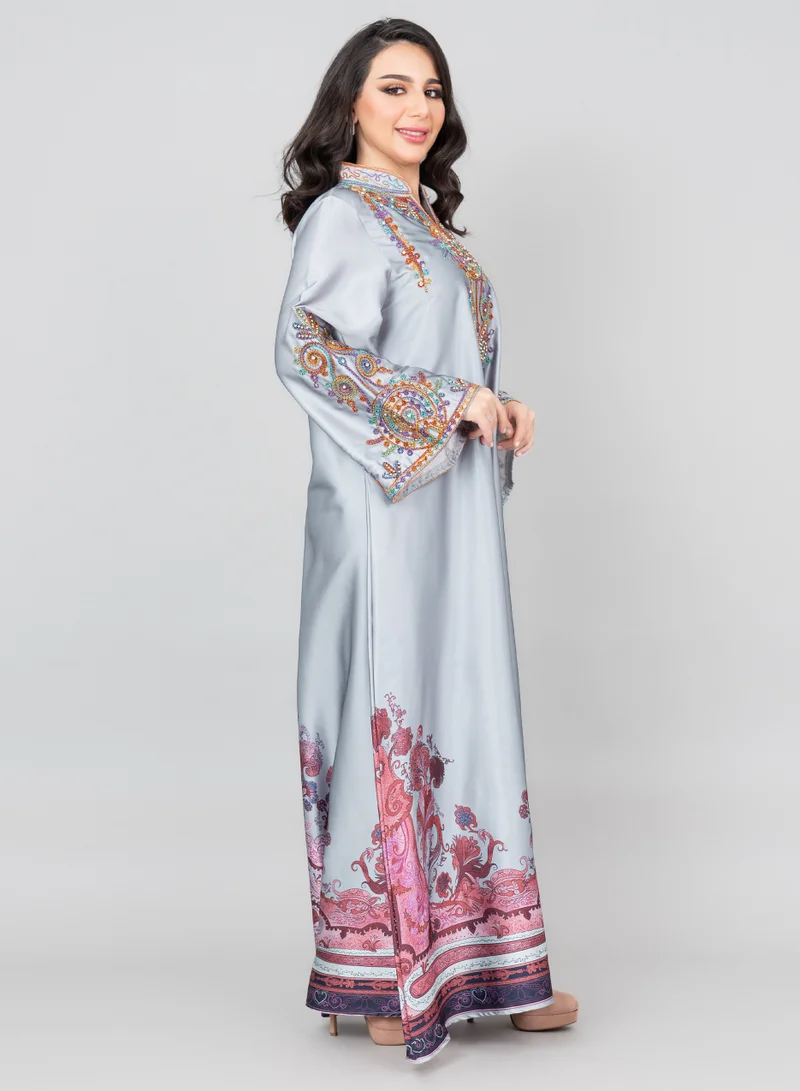 IKKXA Modern Embroidered Jalabiya IK1014 Grey