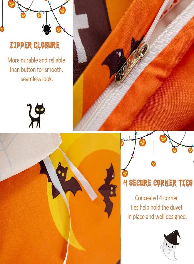 Menghomeus Halloween Duvet Cover Set Queen Size Pumpkin Bedding Set Cartoon Pumpkin Ghost Pattern Fall Festival Themed Comforter Cover Set, 3 Pieces 1 Duvet Cover 2 Pillowcases - Image 4