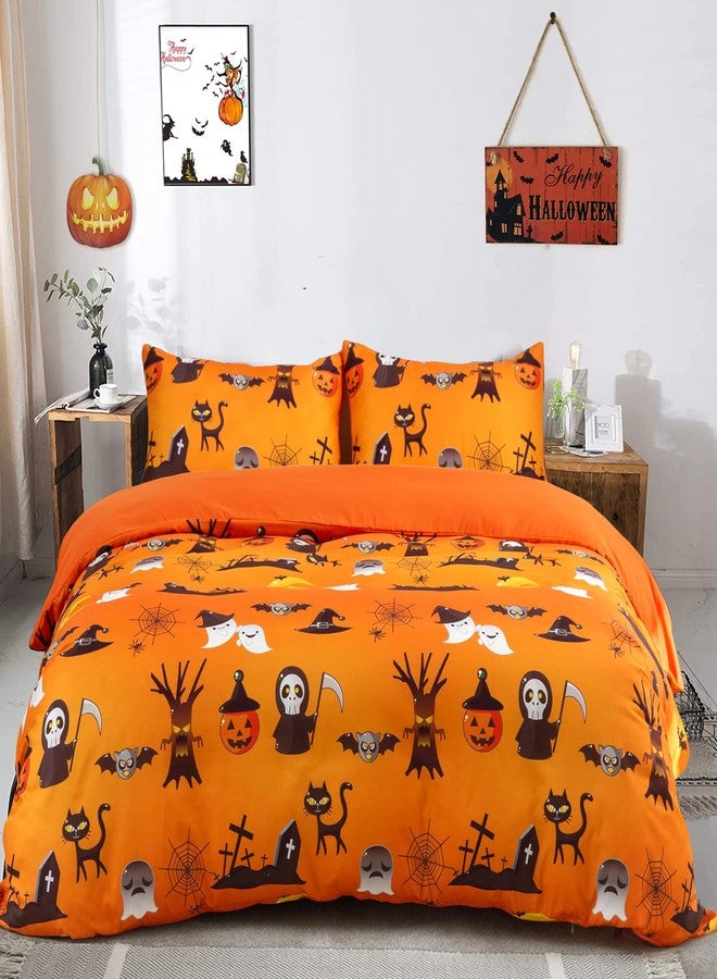 Menghomeus Halloween Duvet Cover Set Queen Size Pumpkin Bedding Set Cartoon Pumpkin Ghost Pattern Fall Festival Themed Comforter Cover Set, 3 Pieces 1 Duvet Cover 2 Pillowcases - Image 1