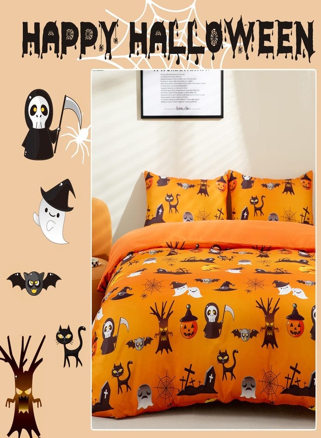 Menghomeus Halloween Duvet Cover Set Queen Size Pumpkin Bedding Set Cartoon Pumpkin Ghost Pattern Fall Festival Themed Comforter Cover Set, 3 Pieces 1 Duvet Cover 2 Pillowcases - Image 2