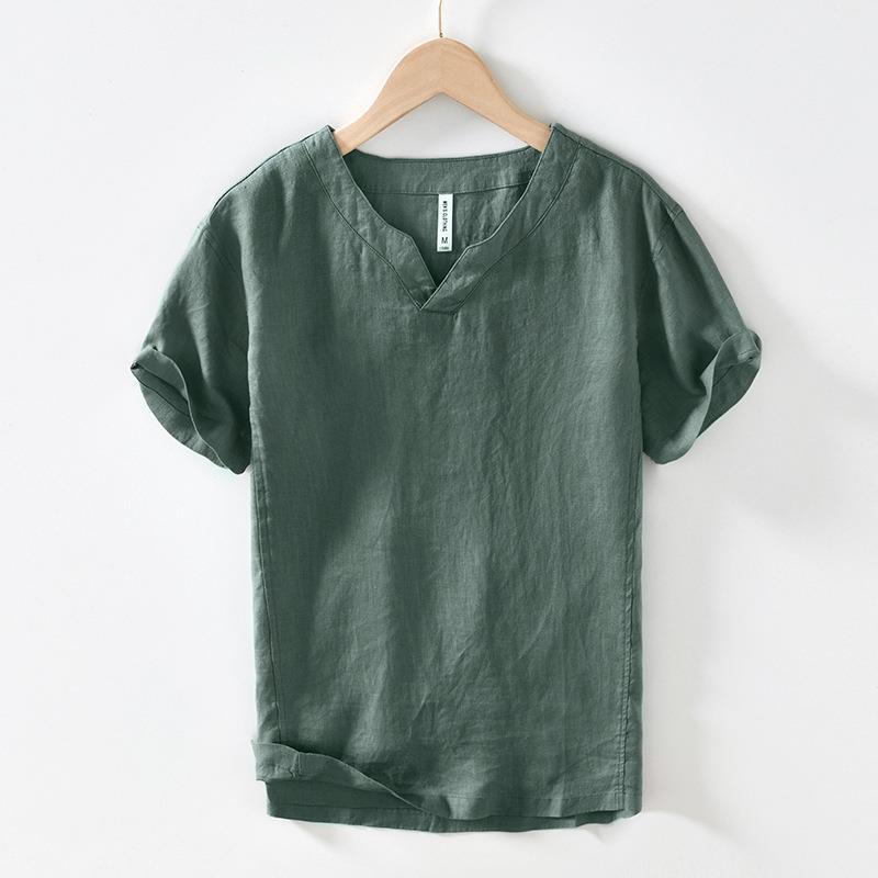 L998 Chinese Style Retro V-Neck Short Sleeve T-Shirt Men'S Casual Loose Summer Linen Base Shirt A Generation Of Hair - Image 1