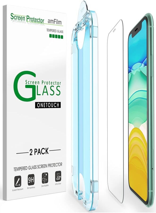 Amfilm amFilm 2 Pack OneTouch Glass Screen Protector for iPhone 11, iPhone XR (6.1") with Easy Installation Kit 