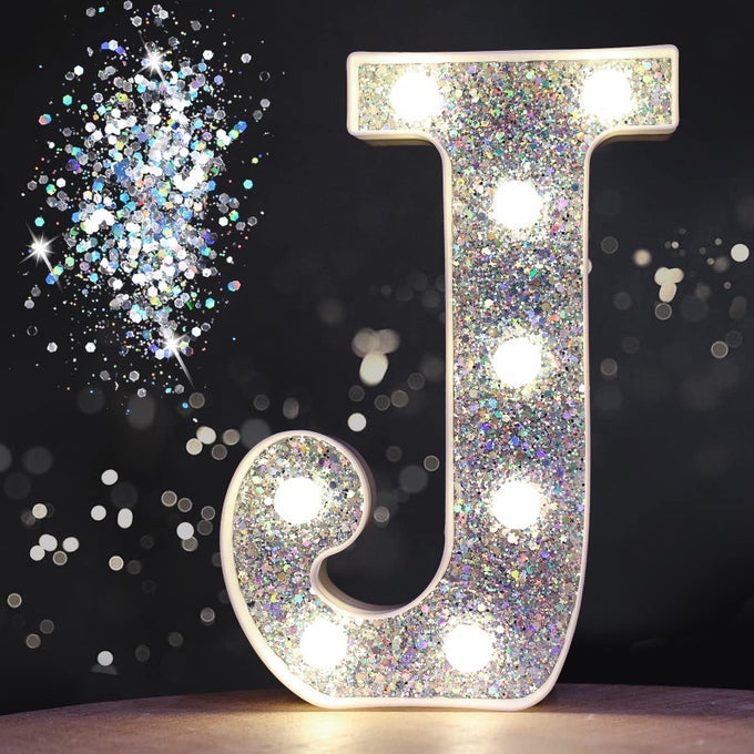 LED MARQUEE LIGHT UP SILVER LETTER J GLITTER ALPHABET SIGN BATTERY POWERED FOR NIGHT LIGHT BIRTHDAY PARTY WEDDING GIRLS GIFTS HOME BAR CHRISTMAS DECORATION