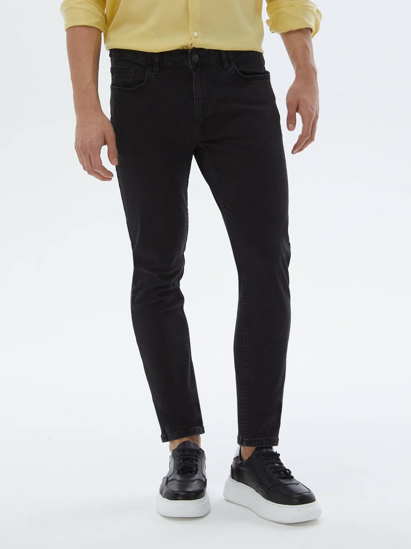 Kip Black Slim Fit Denim Cotton Blend Trousers  - Image 2