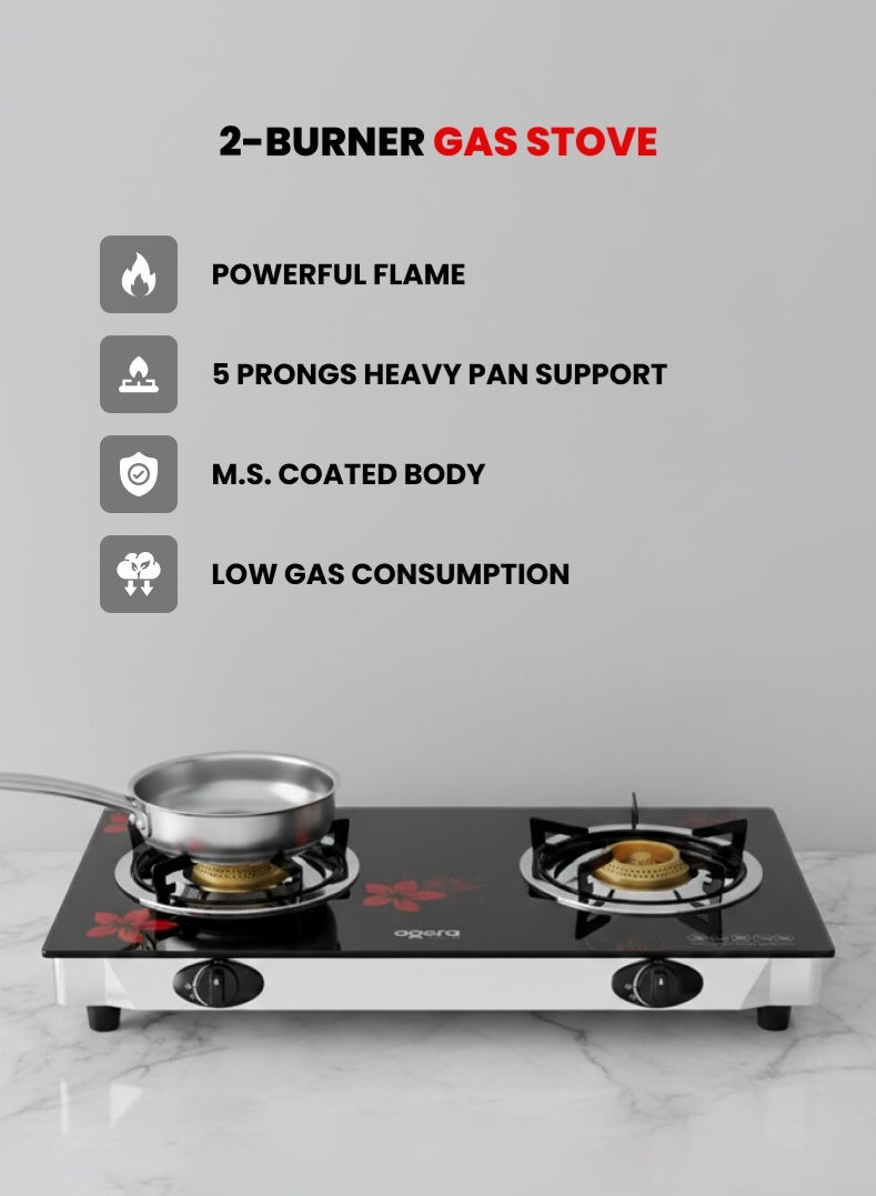 Ogera 2-Burner Gas Stove OG3013GC | Toughened Glass Top | Heavy-Duty MS Coated Body | 5-Prong Pan Support | Powerful High Flame with Low Gas Consumption | Easy-Clean Design | 2-Year Warranty - Image 2