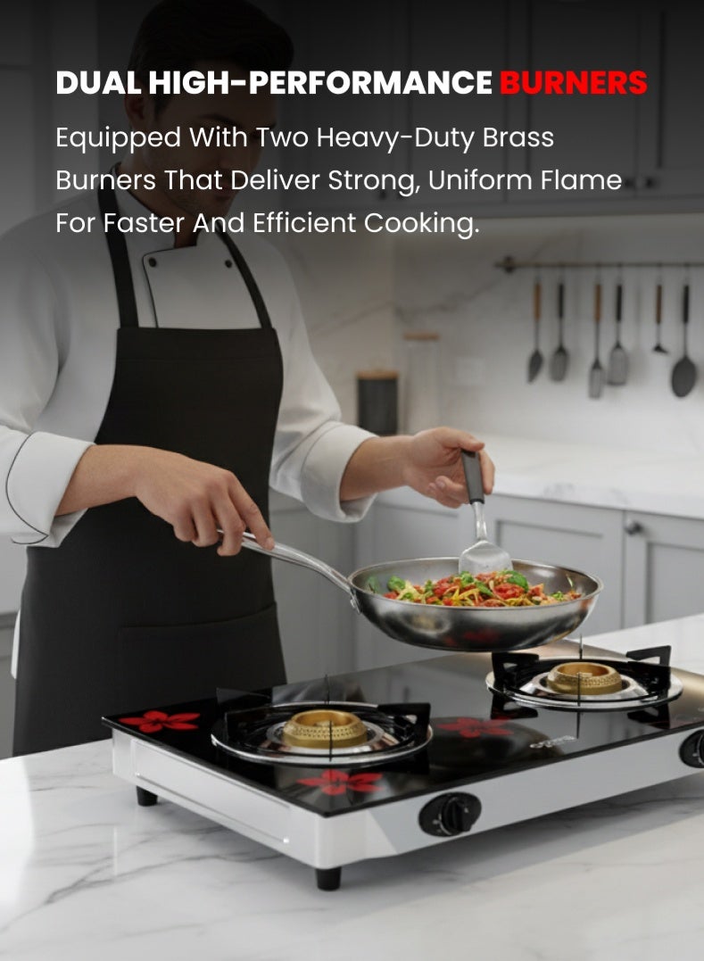 Ogera 2-Burner Gas Stove OG3013GC | Toughened Glass Top | Heavy-Duty MS Coated Body | 5-Prong Pan Support | Powerful High Flame with Low Gas Consumption | Easy-Clean Design | 2-Year Warranty - Image 3