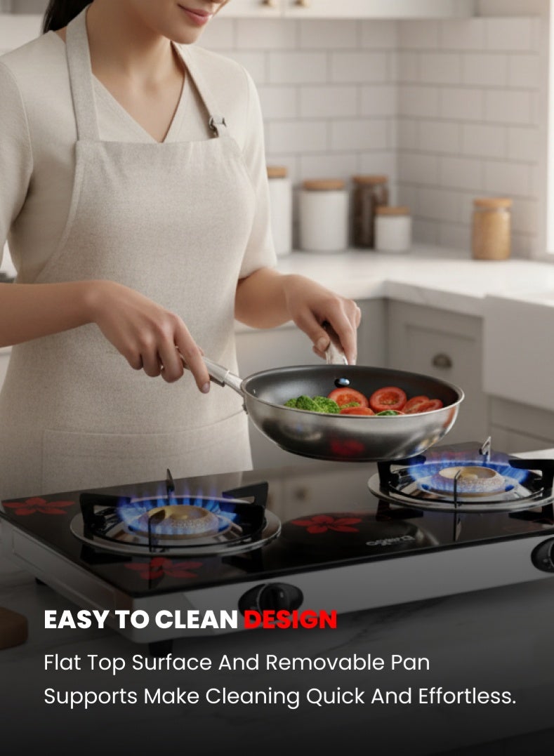 أوجيرا موقد غاز بعيـنين من أوجيرا OG3013GC | سطح زجاج مقوّى | هيكل معدني مطلي عالي التحمل | حوامل قدور بخمس نقاط | لهب قوي مع استهلاك منخفض للغاز | تصميم سهل التنظيف | ضمان سنتين - Image 5