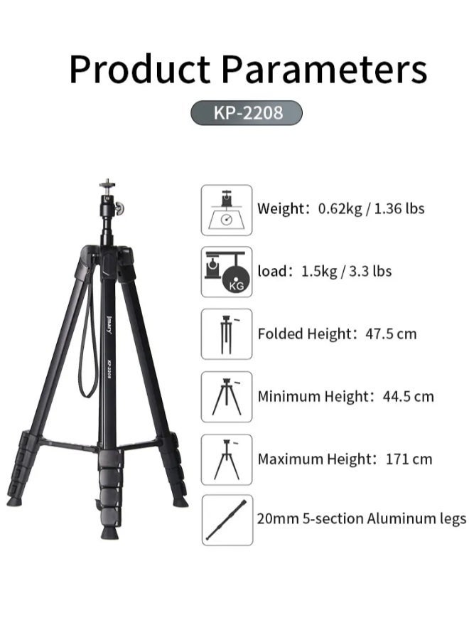 Jmary Professional Camera Tripod Stand Lightweight Travel Aluminum Stand Multifunctional Professional Tripod 360° Rotation Tripod Stand Horizontal Rotatable Center Column tripod (KP-2208) - Image 3