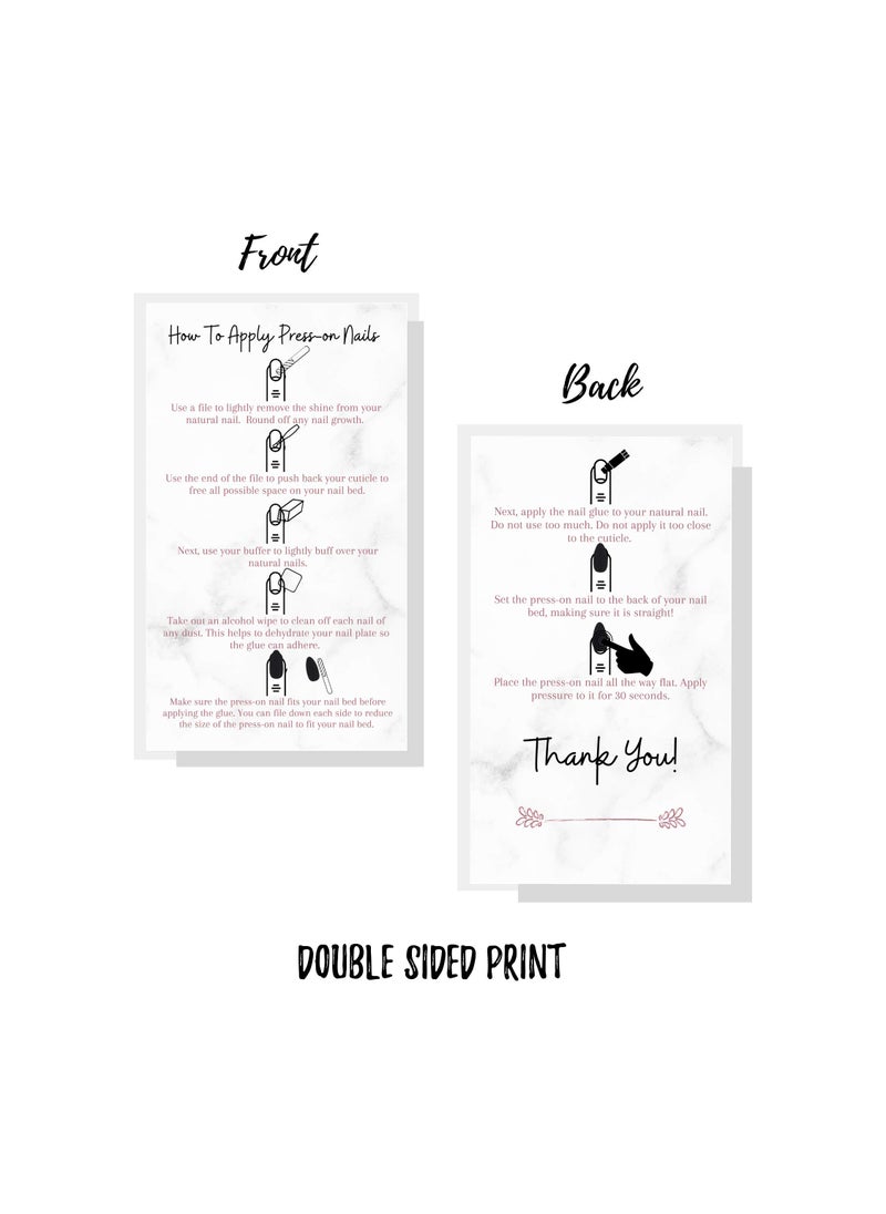 Boutique Marketing LLC Press-On Nail Application Instructions Cards | 50 Pack | 2x3.5" inch Business Card Size | DIY Press-On Nail Kit | Marble with Rosey Gold Design  - Image 4