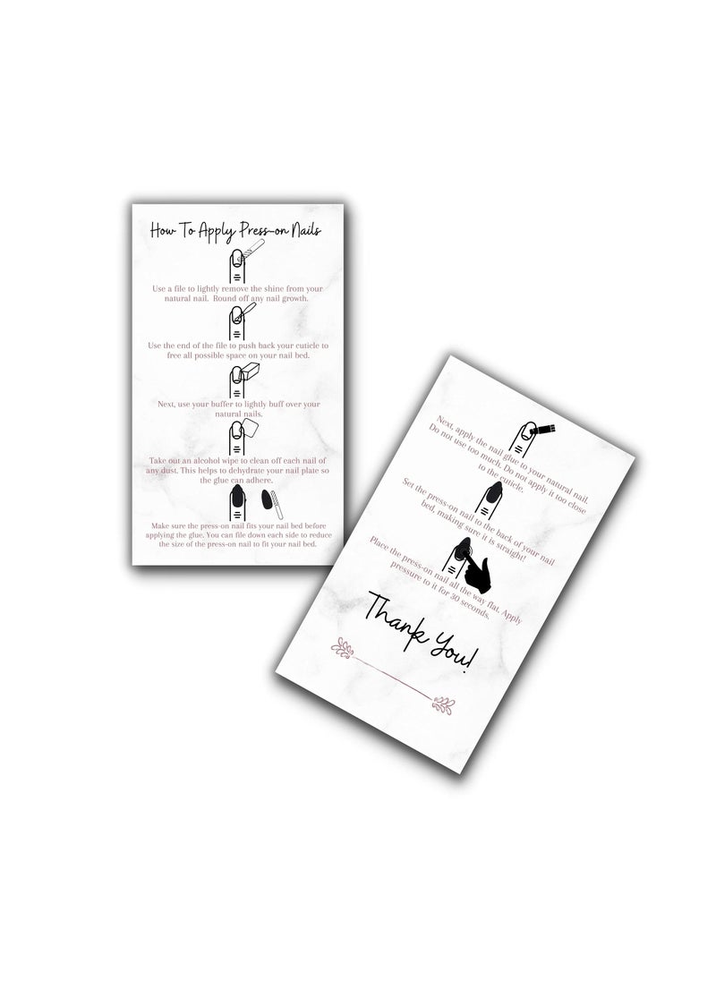 Boutique Marketing LLC Press-On Nail Application Instructions Cards | 50 Pack | 2x3.5" inch Business Card Size | DIY Press-On Nail Kit | Marble with Rosey Gold Design  - Image 1
