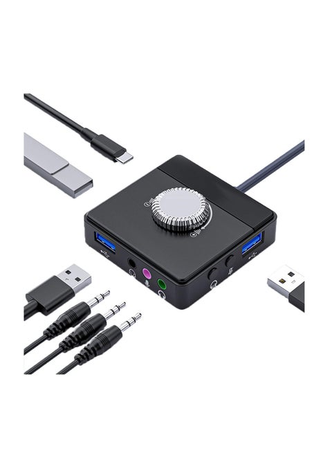Max External Sound Card, USB Audio Adapter Fit for PC Windows, Mac, Linux, Laptops, Desktops, Stereo Sound Card with 3.5mm Interface & USB Interface, Volume Control, Plug & Play (6-in-1, Black)